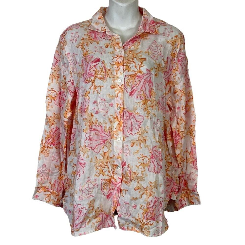 J Jill Love Linen 100% White Pink Orange Long Sleeve Casual Button Down Shirt S